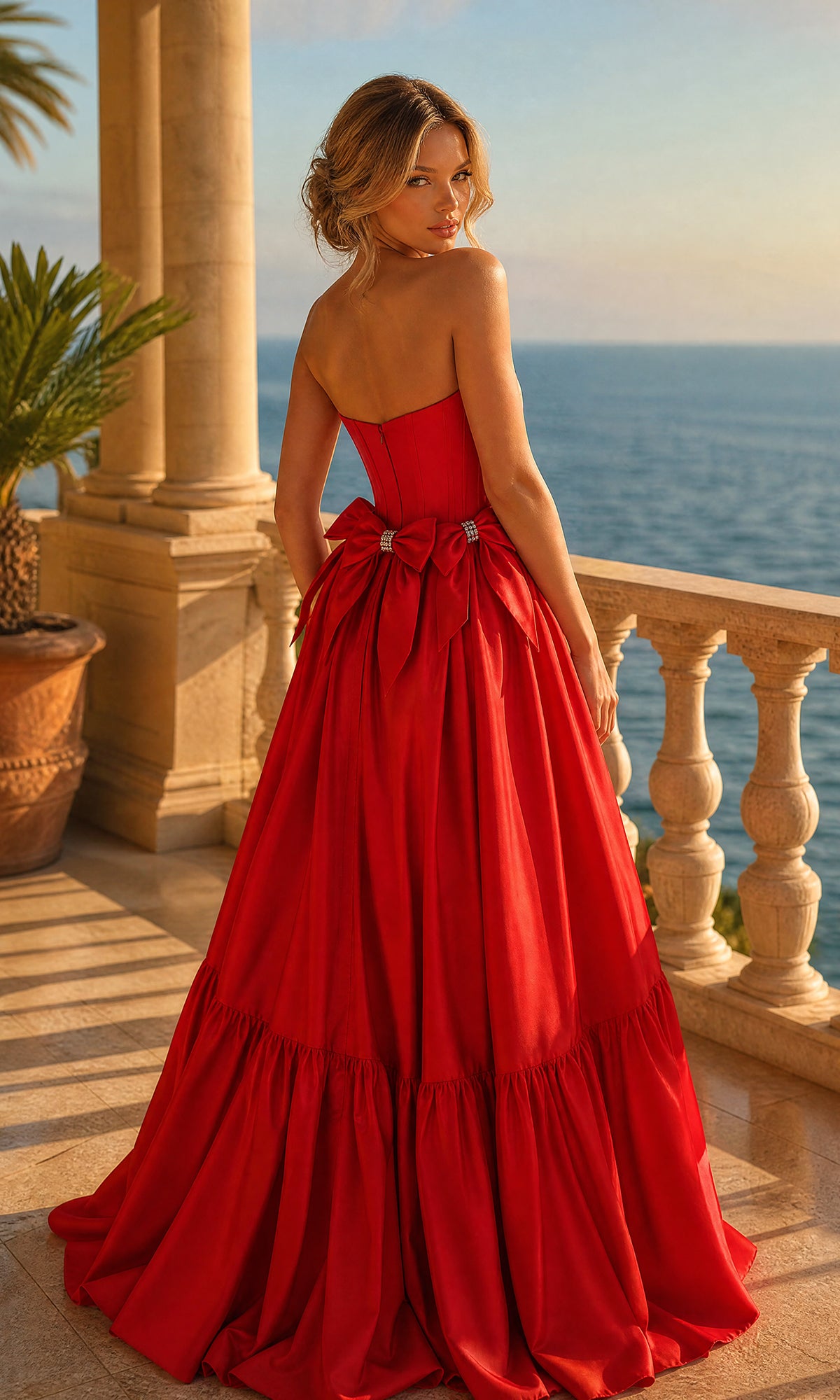 A woman in the PromGirl Exclusive Corset Prom Ball Gown with Bows stands on a stone balcony at sunset, her elegant dress flowing gracefully as she overlooks the ocean.
